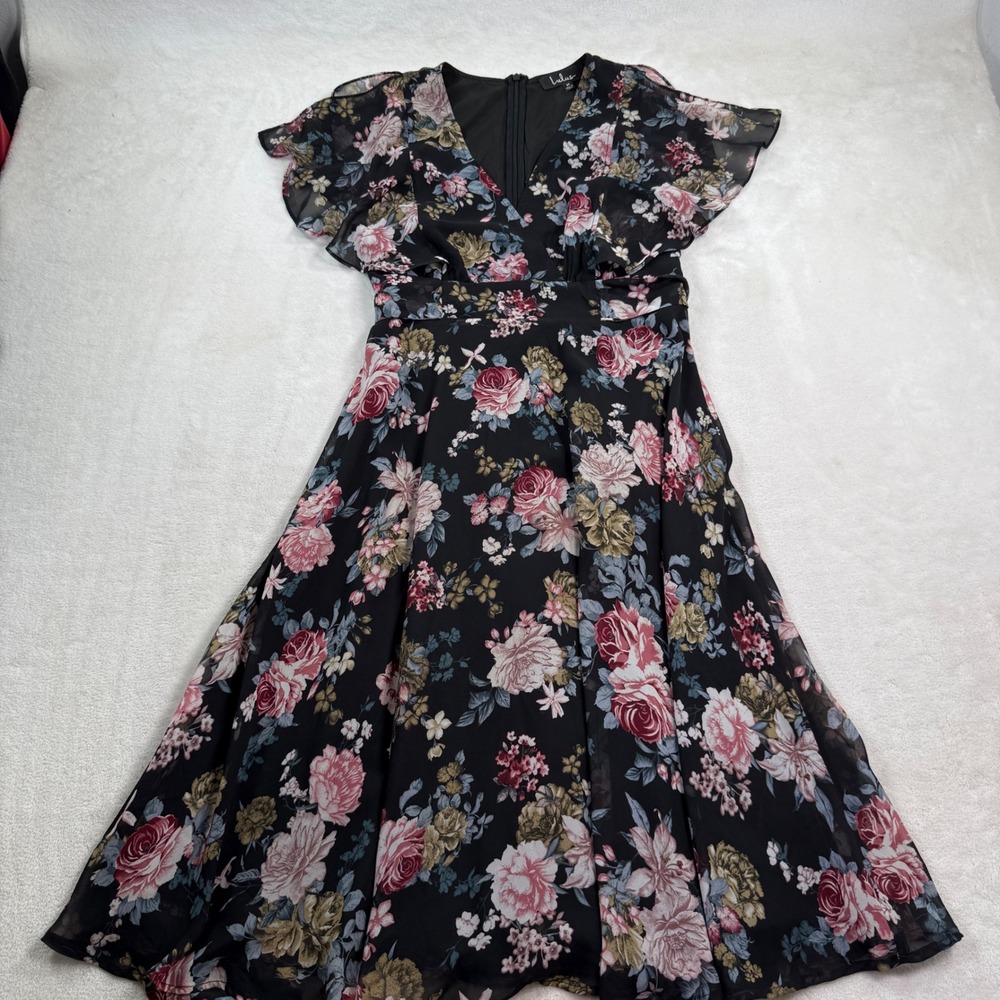 Lulus Black Floral Chiffon Midi Dress Surplice Flutter Sleeve Pink Rose Womens M - Picture 2 of 8